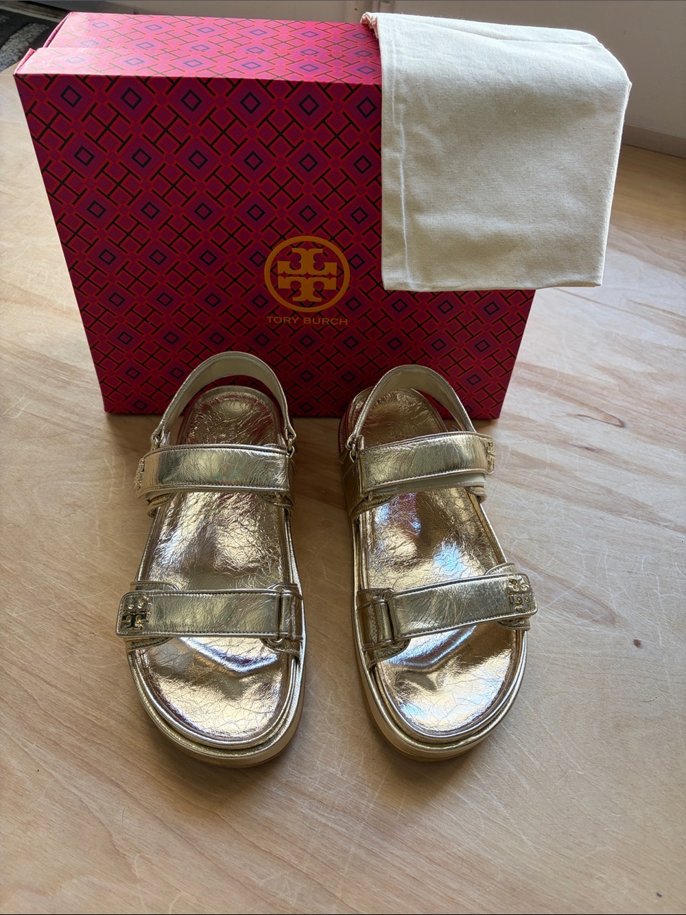 Tory Burch Metallic Gold Adjustable Strap Sandals